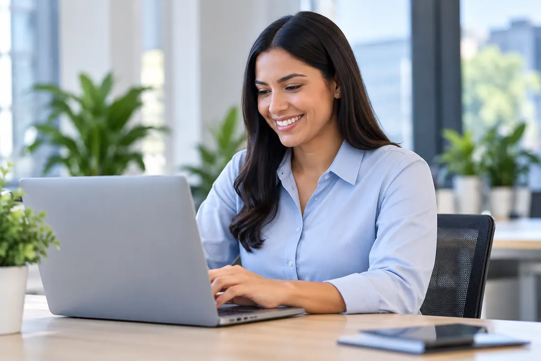 Clienta trabajando en su laptop con una sonrisa